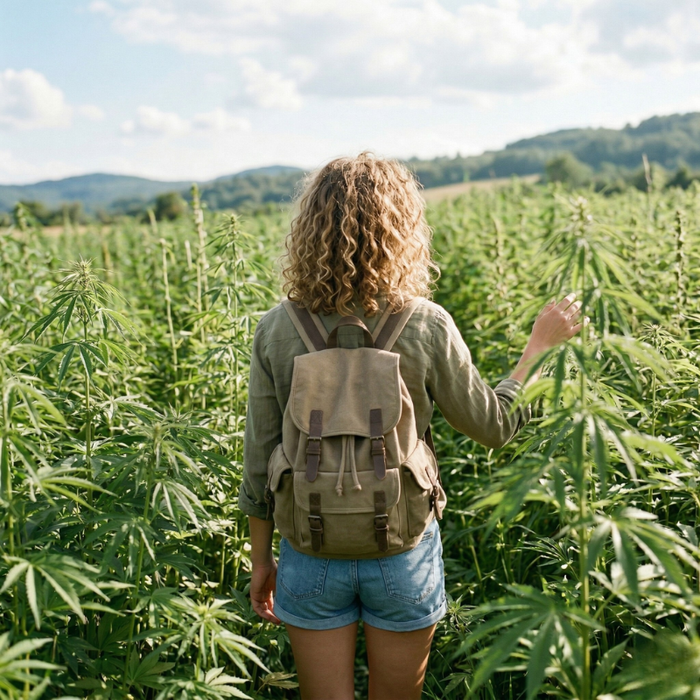 Woman walking through a lush green hemp field on a sunny day with rolling hills in the background